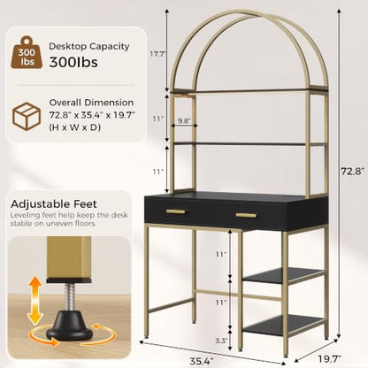 Arched Desk with Hutch and 2 Drawers, Black and Gold Writing Desk, view 3