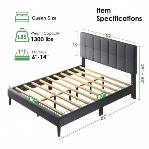 Queen Size Bed Frame with Upholstered Adjustable Headboard, view 3