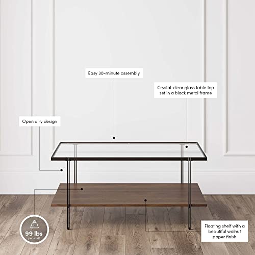 Nathan James Asher Mid-Century Rectangle Coffee Table Glass Top and Wood Finish Storage Shelf with Metal Legs, Walnut/Black