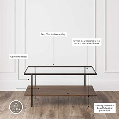 Nathan James Asher Mid-Century Rectangle Coffee Table Glass Top and Wood Finish Storage Shelf with Metal Legs, Walnut/Black