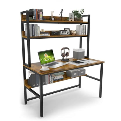 Computer Desk with Hutch, 47“W x 23.6" D Desk with Shelves, Tall Home Office Desk with Bookshelf, Metal Legs Study Table with Upper Storage Shelf for Study Writing/Workstation