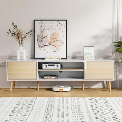 TV Stand for 75 Inch TV, Entertainment Center with Storage, 2 Cabinet Media Console Table, Wood Feet, Living Room, Bedroom Furniture,White&Oak