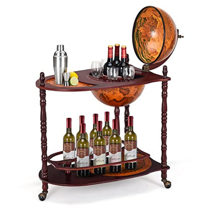 Retro Globe Bar Cart, 34.5" Mobile Liquor Cabinet with Wheels, Storage Shelves, Antique World Map Design, Mid-Century Italian Style Wine & Spirits Display Stand for Dining Room, Pub