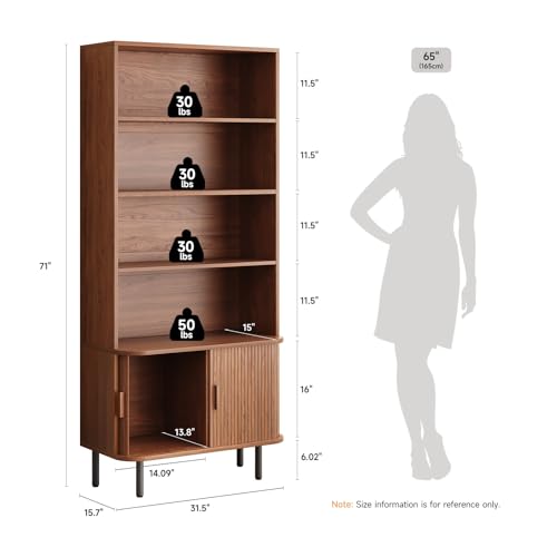 71" Bookshelf with Sliding Door, Bookcase Storage Cabinet, Walnut, view 3