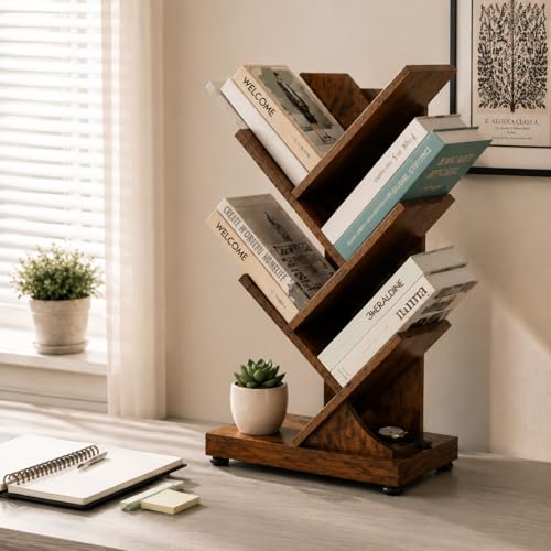 5 Tier Tree Bookshelf, Small Bookcase 11.8"*7.4"*24" (Rustic Brown) | Retro Narrow Bookshelves for CDs/Magazines, Book Shelf for Bedroom, Living Room, Office, Balcony, Study Room