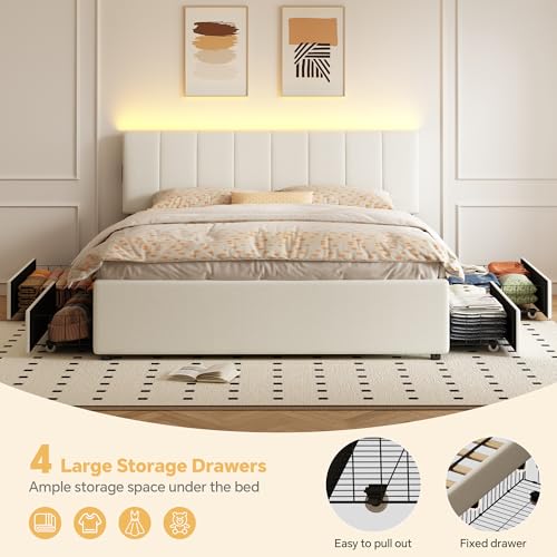 King Size Upholstered Platform Bed with 4 Storage Drawers, view 7