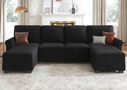 Sectional Sofa with Storage Seat Velvet U Shaped Sectional Couch with Reversible Chaise Convertible Sectional Couches for Living Room,Black