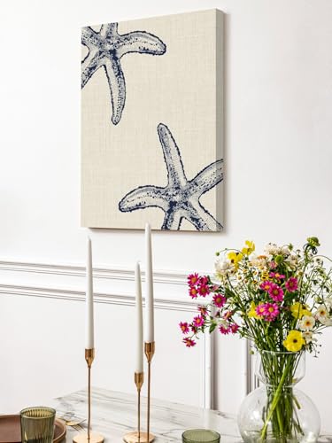 NuYeBiofx Rustic Blue Starfish on Vintage Linen Canvas Wall Art Prints,40"x28" Framed Picture Artwork Marine Life Printed Canvas Oil Painting for Living Room Bedroom Office,Ready to Hang