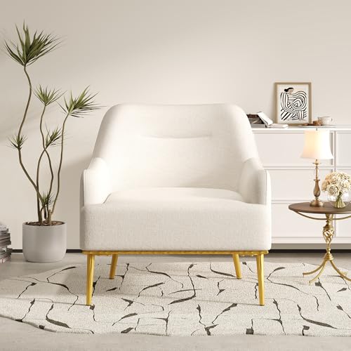 Justin Modern Accent Chair with Metal Legs, Chenille Upholstered Lounge Chair Indoor, Curved Backrest Armchair, Soft Cushion Seating for Living Room Reading Home, Beige