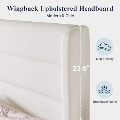 Queen Wood Bed Frame with Velvet Headboard, Storage, Strong Slats, White, view 5