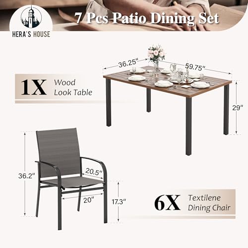 7pc Patio Dining Set, Wood-Like Metal Table, 6 Brown Chairs | 60" rectangular table with umbrella hole. Waterproof, rust-resistant, all-weather for backyard, porch