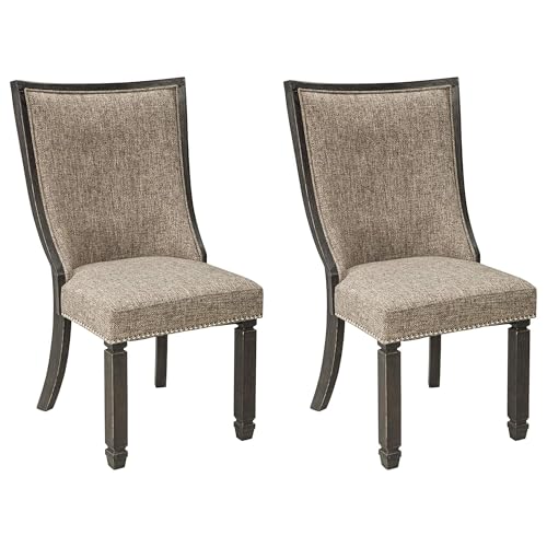 Signature Design by Ashley Tyler Creek Dining Room Chairs, Set of 2, Upholstered Host Chair with Solid Wood Frame, Urban Farmhouse Seating for Kitchens, Textured Black and Grayish Brown