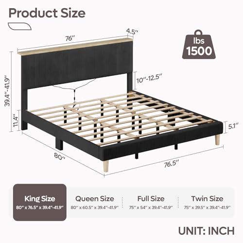 King Bed Frame with Storage Headboard & LED, Upholstered, Black, view 3