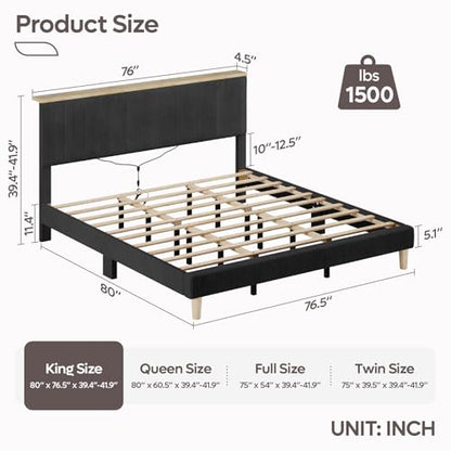 King Bed Frame with Storage Headboard & LED, Upholstered, Black, view 3
