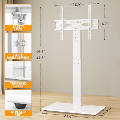 TAVR Swivel Floor TV Stand Base for 32-75 Inch TVs up to 110 lbs | Tall TV Stand for Bedroom with Height Adjustment and Tempered Glass Base for Media Storage and Space Saving, White