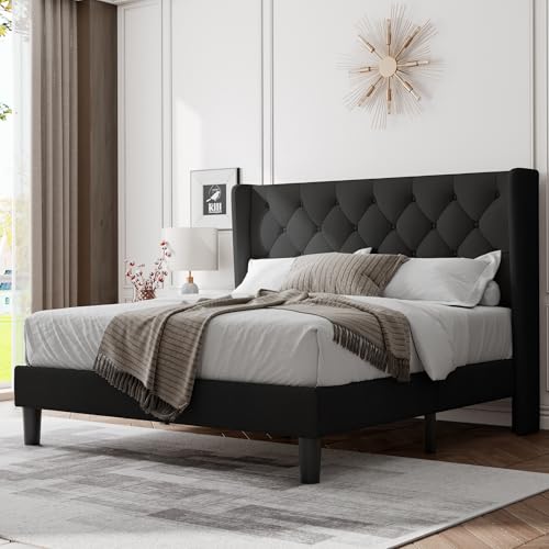 Queen Bed Frame with Upholstered Wingback Headboard, view 2