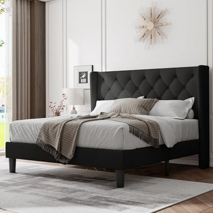 Queen Bed Frame with Upholstered Wingback Headboard, view 2