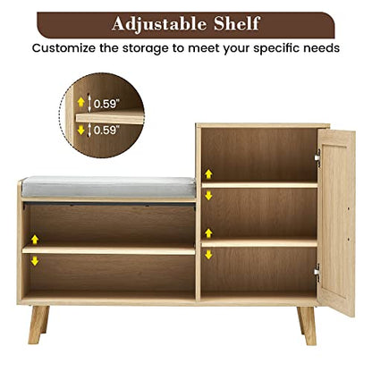 GAOMON 2-in-1 Natural Rattan Shoe Storage Bench with Upholstered, Shoe Cabinets with Adjustable Shelf, Home Entrance Shoe Rack for Hallway Living Room Bedroom Dorm and Small Apartment
