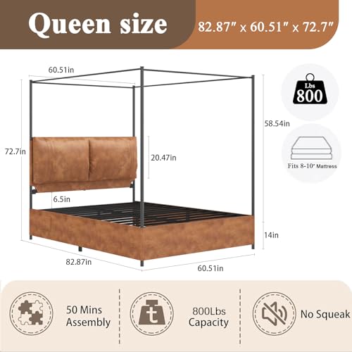 Queen Canopy Bed Frame with Tall Upholstered Faux Leather Headboard, view 3