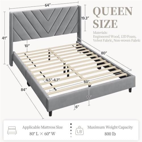 Queen Bed Frame with Chevron Channel-Tufted Headboard, Light Gray, view 3