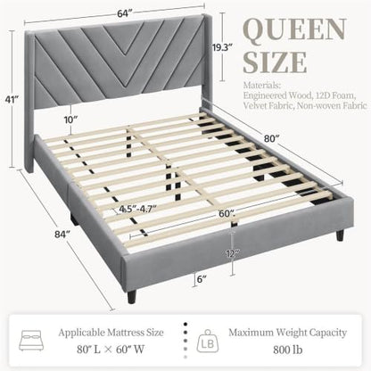 Queen Bed Frame with Chevron Channel-Tufted Headboard, Light Gray, view 3