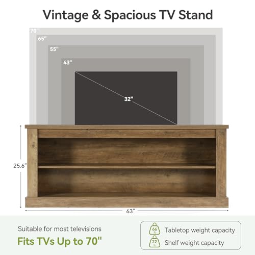 63" TV Stand for TVs up to 70", Rustic Television Stand with 2 Open Shelves, view 4