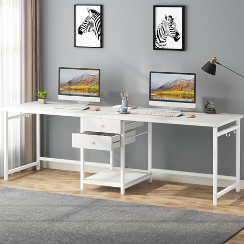 Tribesigns 79 Inch Extra Long Double Desk with 2 Drawers, Two Person Computer Desk with Storage Shelves, Writing Table Study Desk for Home Office, White