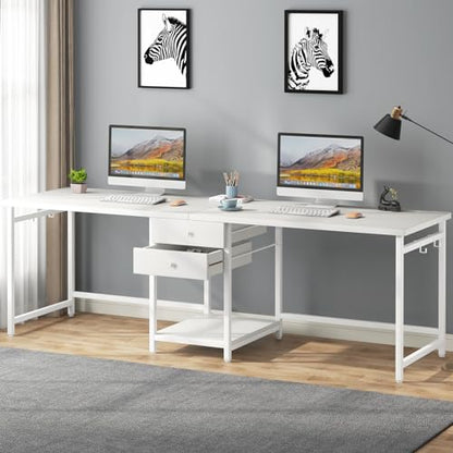 Tribesigns 79 Inch Extra Long Double Desk with 2 Drawers, Two Person Computer Desk with Storage Shelves, Writing Table Study Desk for Home Office, White