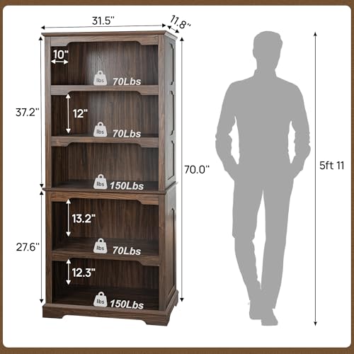 70” Walnut Bookcase Bookshelf, 5-Tier Farmhouse Bookcase Shelves | Country Rustic Bookshelves for Home, Office, School, Library, Walnut Bookcases with Storage, Open Shelf, Arched Design