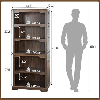 70” Walnut Bookcase Bookshelf, 5-Tier Farmhouse Bookcase Shelves | Country Rustic Bookshelves for Home, Office, School, Library, Walnut Bookcases with Storage, Open Shelf, Arched Design