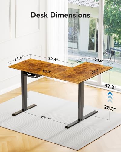 Dual Motor 63x40 inch L Shaped Electric Standing Desk with 3 Preset Heights, Electric Height Adjustable Computer Table, 2 Hooks & Cable Tray, Raising Desk for Home Office, Vintage Brown