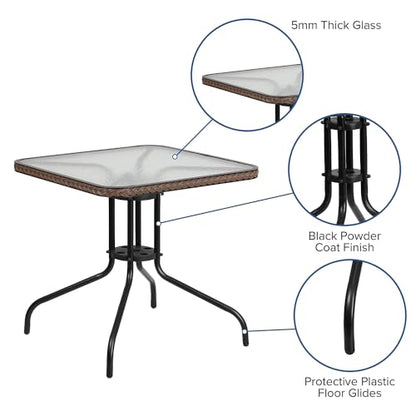 Barker 28'' Square Tempered Glass Metal Table with Dark Brown Rattan Edging