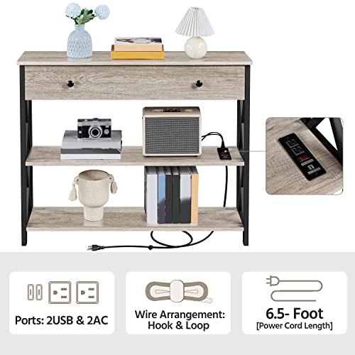 Yaheetech Console Table with Power Outlets and USB Ports, Wooden Entryway Table with Drawer and Open Shelves, Narrow Sofa Tables with Metal Frame for Living Room, Couch, Hallway, Grey