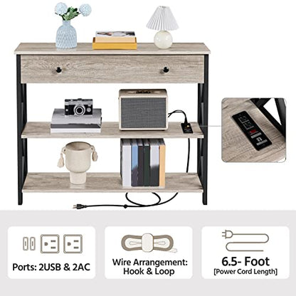 Yaheetech Console Table with Power Outlets and USB Ports, Wooden Entryway Table with Drawer and Open Shelves, Narrow Sofa Tables with Metal Frame for Living Room, Couch, Hallway, Grey