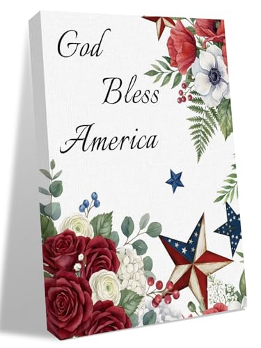 NuYeBiofx Independence Day Floral Star Canvas Wall Art Prints,48"x32" Framed Picture Artwork God Bless America Quote Printed Canvas Oil Painting for Living Room Bedroom Office,Ready to Hang