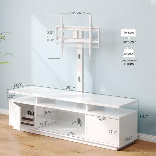 TV Stand with Mount and Power Outlet 59.1", Swivel TV Stand Mount for 32/45/55/60/65/70 inch TVs, Height Adjustable Modern Entertainment Center with Storage & LED Lights, TV Table White
