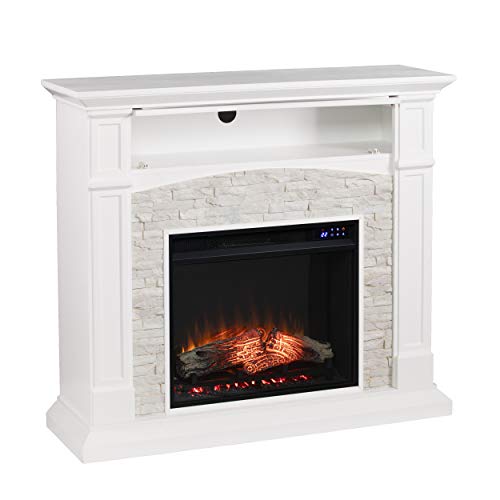 Seneca Electric Touch Screen Media Fireplace - White - Transitional Design, White Glass and Wood - Ideal for Living Room, Bedroom (FR9362)