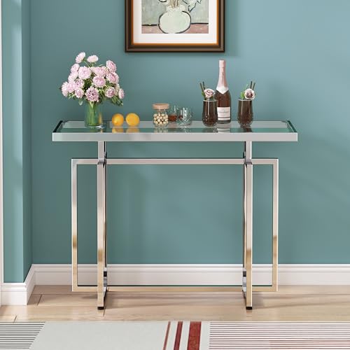Glass Console Table for Entryway, Modern Entryway Table with Tempered Glass & Chrome Frame, Silver Sofa Table for Living Room Hallway