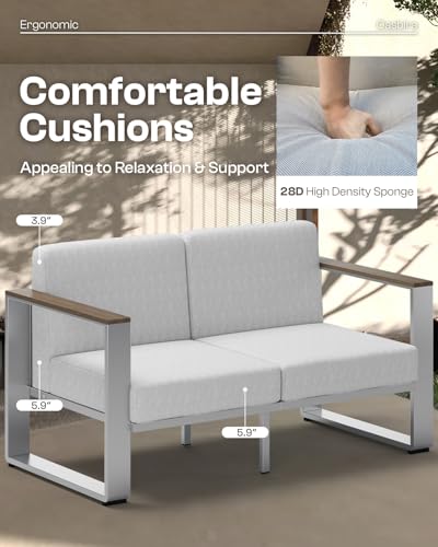 Aluminum Outdoor Patio Furniture Set, 7 Seats Outdoor Patio Conversation Sets with Ergonomic Seat and Wide Washable Thick Cushions, Modern Patio Sectional Furniture for Balcony, Porch (Gray)