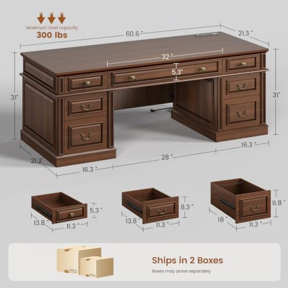 60.6" Executive Desk with 7 Drawers & Charging Station, view 3