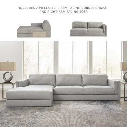 Signature Design by Ashley Amiata Sectional Couch, Sag-Resistant Platform Foundation, Combination of Leather and Faux Leather for Living Rooms, 137-Inch L-Shaped Sofa with Chaise, Glacier Gray