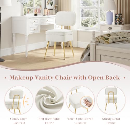 MALOL Velvet Vanity Makeup Chair with Storage and Back, Cute Vanity Stool Desk Chair No Wheels Ottoman for Dressing Bedroom Closet, Adjustable Golden Metal Legs, Beige