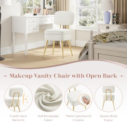MALOL Velvet Vanity Makeup Chair with Storage and Back, Cute Vanity Stool Desk Chair No Wheels Ottoman for Dressing Bedroom Closet, Adjustable Golden Metal Legs, Beige