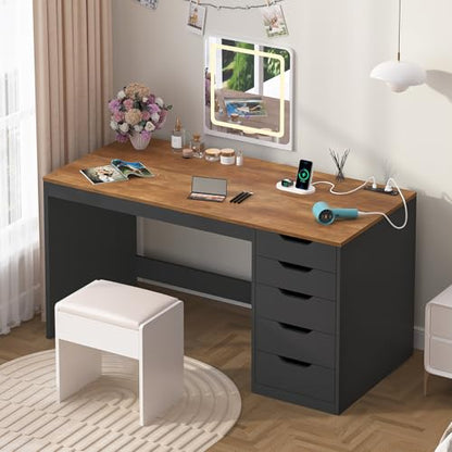 47 Inch Computer Desk with 5 Drawers and Power Outlets, Home Office Desks with Storage File Cabinet, Modern Simple Laptop Desk Writing Table for Small Spaces, Brown and Black