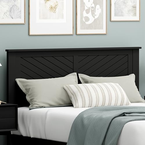 Wood Panel Headboard with Chevron Scoring, Queen Size, Black, Easy Assembly, view 3
