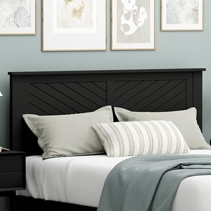 Wood Panel Headboard with Chevron Scoring, Queen Size, Black, Easy Assembly, view 3