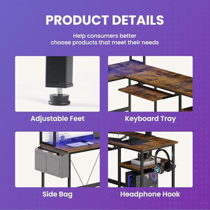 67" L Shaped Gaming Desk, Corner Desk for Compact Spaces with Keyboard Tray & Storage Shelf,Reversible Computer Desk with LED Lighting,Metal Frame PC Gaming Table for Home Office Bedroom,Rustic