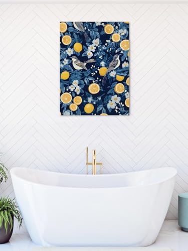 NuYeBiofx Summer Fruit Lemons Birds Canvas Wall Art Prints,40"x28" Framed Picture Artwork White Flowers Blue Leaves Printed Canvas Oil Painting for Living Room Bedroom Office,Ready to Hang