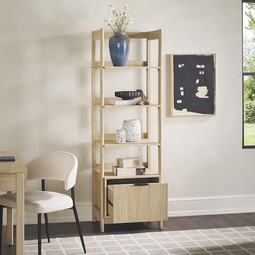 Transitional Reeded Narrow Open Bookshelf with Drawer on Bottom for Home Office, Living Room, Bedroom, 4-Shelf Bookcase with Bottom Storage, 22”W x 16.75”D x 70”H, Coastal Oak
