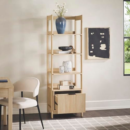 Transitional Reeded Narrow Open Bookshelf with Drawer on Bottom for Home Office, Living Room, Bedroom, 4-Shelf Bookcase with Bottom Storage, 22”W x 16.75”D x 70”H, Coastal Oak